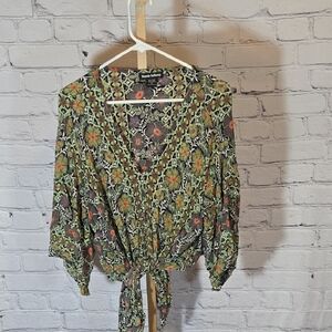 Ronnie Salloway Floral Tie-Front Blouse in Green and Orange